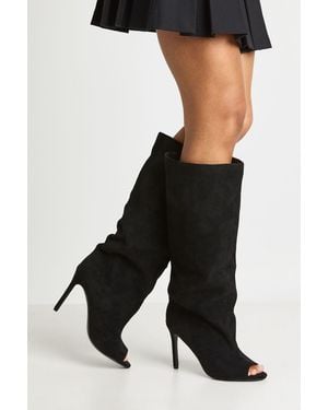 Boohoo Faux Suede Slouchy Peep Toe Knee High Stiletto Boots - Black