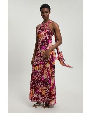 Karen Millen Petite Viscose Georgette Butterfly Print Rosette Halterneck Maxi Dress - Red