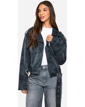 Boohoo Vintage Look Faux Leather Biker Jacket - Blue