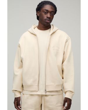 BoohooMAN Heavyweight Embroidered Cropped Boxy Zip Through Hoodie - Natural