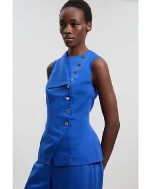 Karen Millen Tailored Linen Button Front Top - Blue