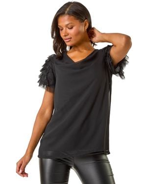 Roman Cowl Neck Shoulder Sequin Frill Top - Black