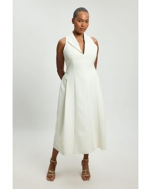 Karen Millen Plus Size Compact Stretch Seam Detail Tailored Full Skirted Midi Dress - Natural