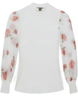 Secret Label Floral Mesh Puff Sleeve Top - White
