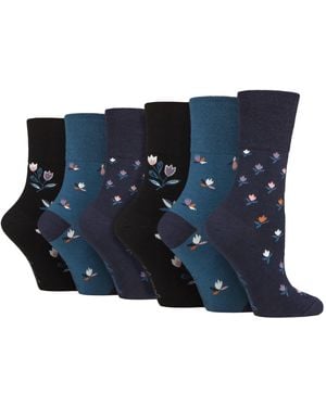 Gentle Grip 6 Pack Ladies Non Elastic Loose Top Patterned Cotton Rich Socks - Blue