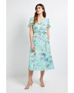 Wallis Floral Burn Out Frill Sleeve Midi Dress - Blue