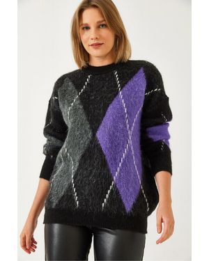 Bianco Lucci Oversized Sweater Met Diamantprint - Grijs
