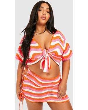 Boohoo Plus Wave Tie Front Beach Co-Ord - Red