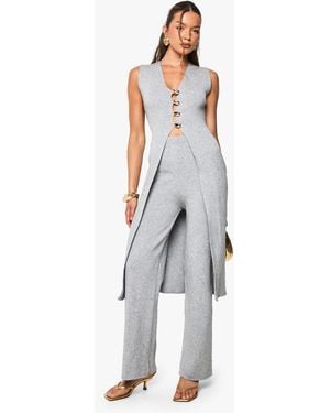 Boohoo Button Detail Longline Knitted Waistcoat And Wide Leg Trouser Co-Ord - Grey