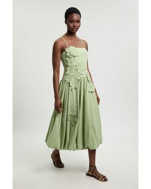 Karen Millen Cotton Linen 3D Floral Bubble Hem Midi Dress - Green