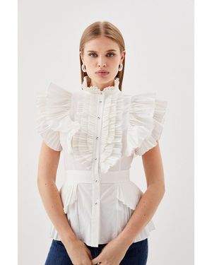 Karen Millen Cap Sleeve Pleated Ruffle Woven Shirt - White