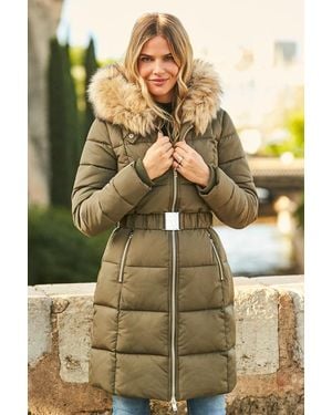 Sosandar Khaki Faux Fur Trim Luxe Longline Padded Coat - Metallic