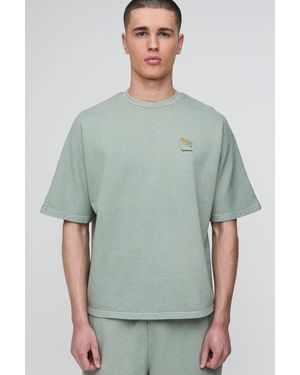 BoohooMAN Oversized Washed Embroidered Boxy T-Shirt - Green