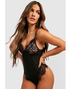 Boohoo Eyelash Lace And Stripe Mesh Bodysuit - Black