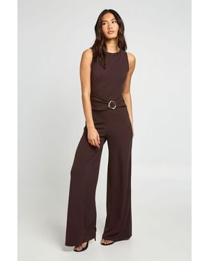 Boohoo Slash Neck Waist Detail Wide Leg Jumpsuit - Brown