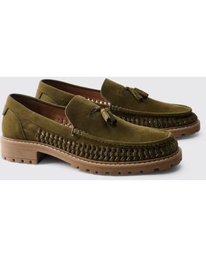 BoohooMAN Faux Suede Weave Track Sole Loafer - Green