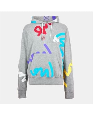 Money Signature Print Hooded Long Sleeve Sweatshirt - Blue