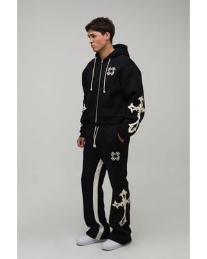 BoohooMAN Shrunken Cross Hooded Zip Flare Gusset Tracksuit - Blue