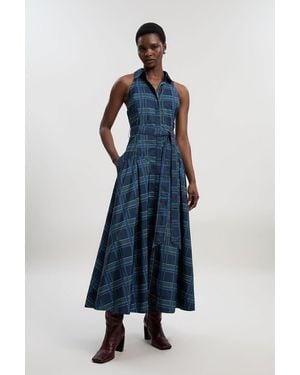 Karen Millen Check Print Taffeta Belted Woven Maxi Shirt Dress - Blue