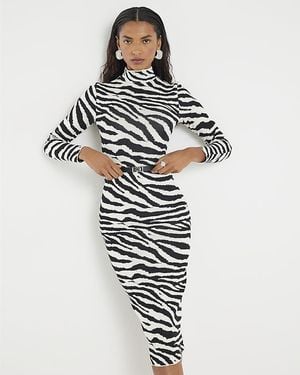 River Island Midi Dress Knit Zebra Belted - White
