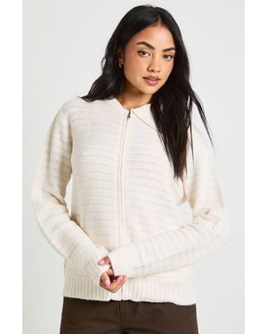 Boohoo Textured Knit Collar Detail Zip Through Knitted Cardigan - White