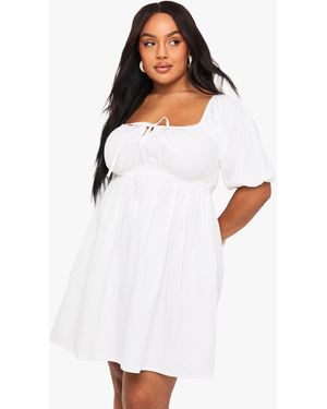 Boohoo Plus Tie Front Pleated Cotton Skater Dress - White