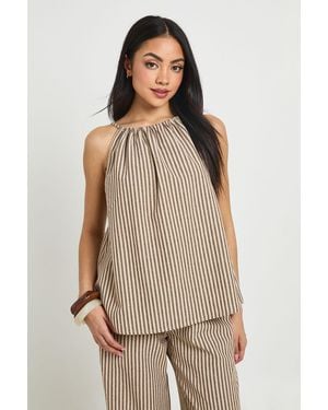 Boohoo Linen Look Stripe Halter Neck Top - Natural