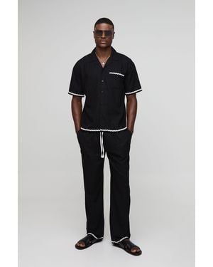 BoohooMAN Oversized Contrast Trim Heavyweight Linen Shirt & Relaxed Trousers Set - Black