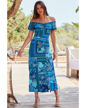 Sosandar Scarf Print Tie Front Bardot Midi Dress - Blue