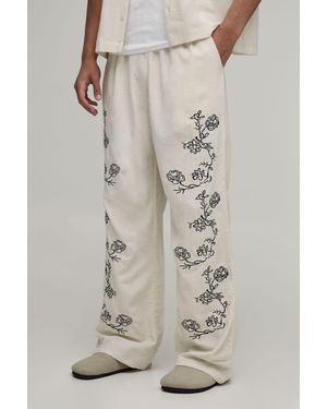 BoohooMAN Wide Leg Linen Blend Embroidered Seam Trousers - Natural