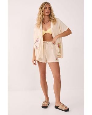 Nasty Gal Cross Hatch Heart Embroidered Tie Waist Shorts - Natural