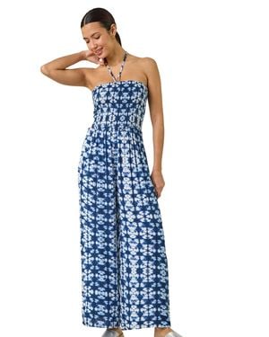 Roman Abstract Shirred Bardot Jumpsuit - Blue