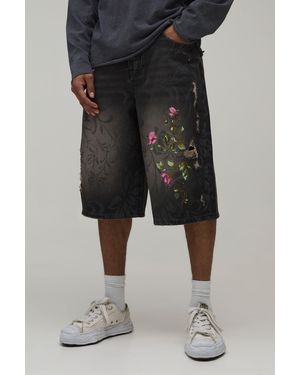 BoohooMAN Longline Floral Embroidered Denim Jorts - Black