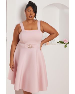 Quiz Curve Belted Skater Dress - Pink