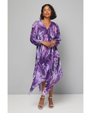 Wallis Abstract Print Pleated Asymmetric Wrap Dress - Purple
