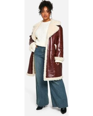 Boohoo Plus Faux Leather Teddy Trim Longline Aviator Jacket - White