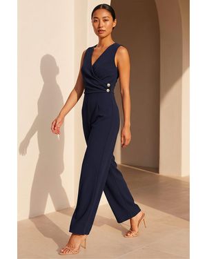 Roman Petite V-Neck Full Length Jumpsuit - Blue