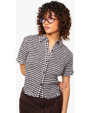 Boohoo Smocked Gingham Crop Shirt - Grey