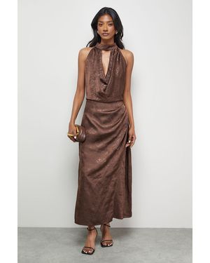 Oasis Satin Jacquard Halter Keyhole Front Midi Dress - Brown