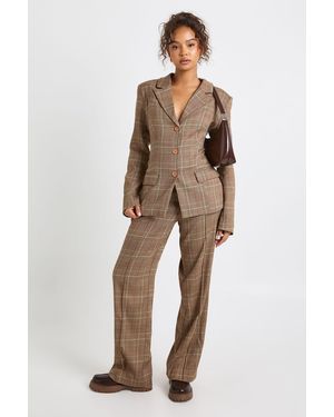 Boohoo Check Seam Detail Straight Trousers - Natural