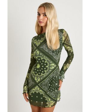 Boohoo Mesh Paisley Flare Sleeve Mini Dress - Green