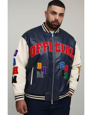BoohooMAN Plus Oversized Fit Badge Applique Pu Varsity Bomber Jacket - Blue