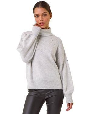 Roman Faux Pearl Roll Neck Knit Jumper - Grey