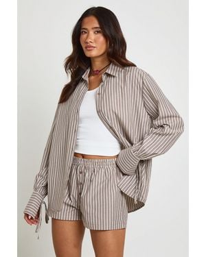 Boohoo Crinkle Stripe Tie Cuff Shirt And Short Co-Ord - Grey
