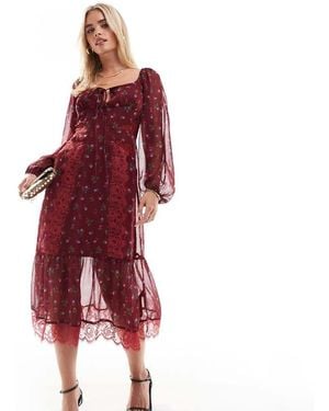 ASOS Design Long Sleeve Tie Front Midi Dress With Lace Inserts - Red