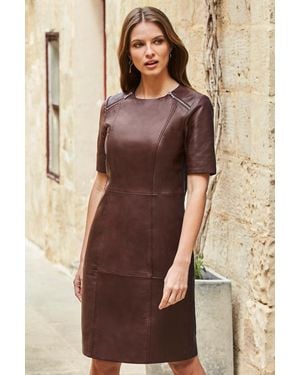 Sosandar Burgundy Leather Zip Detail Shift Dress - Brown