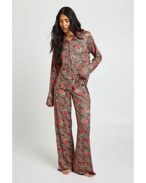 Boohoo Tall Cherries & Print Long Sleeve Shirt & Trouser Pyjama Set - Multicolour