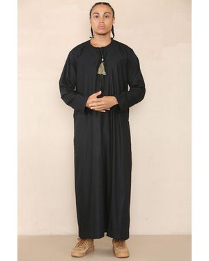 Thobez Thobe Jubba Saudi Islamic Arab Eid Emirati Kaftan Jubbah Tassel Robe - Black