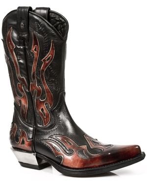 New Rock Flame Accented/ Mid-Calf Cowboy Boots-7921-S2 Leather - Brown