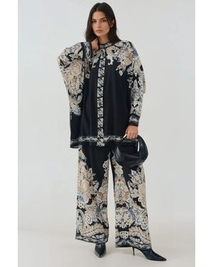 Hiccup Printed High Waist Kimono-Pants Co-Ord Set - Black